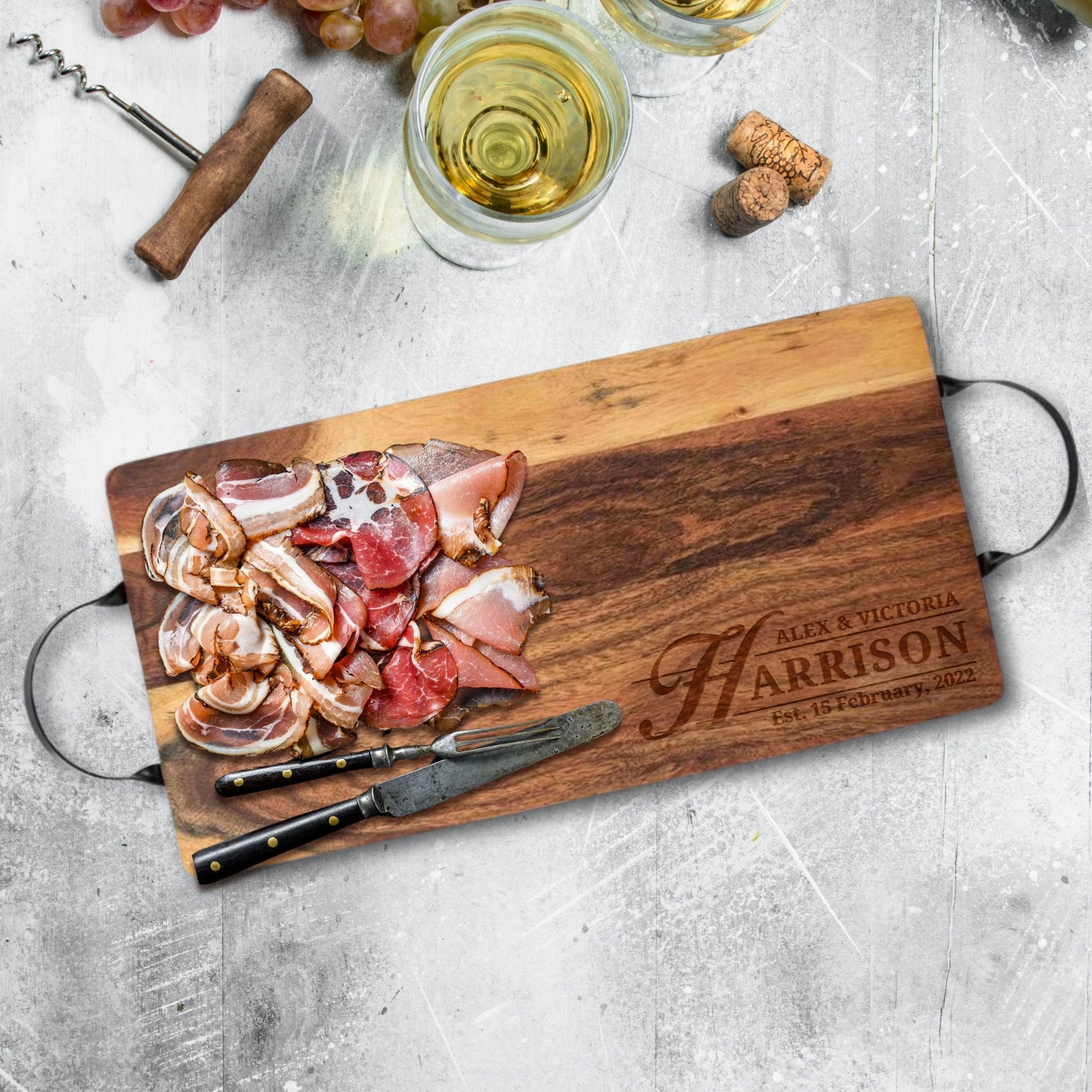 Personalised Acacia Serving Board &amp; Iron Handles, Charcuterie, Cheese/ Chopping/ Cutting  Board, Timber Engraved Custom Wedding/ Anniversary/ Housewarming/ Kitchen Gift