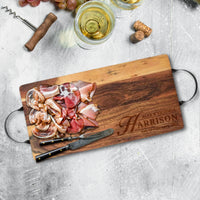 Personalised Acacia Serving Board & Iron Handles, Charcuterie, Cheese/ Chopping/ Cutting  Board, Timber Engraved Custom Wedding/ Anniversary/ Housewarming/ Kitchen Gift