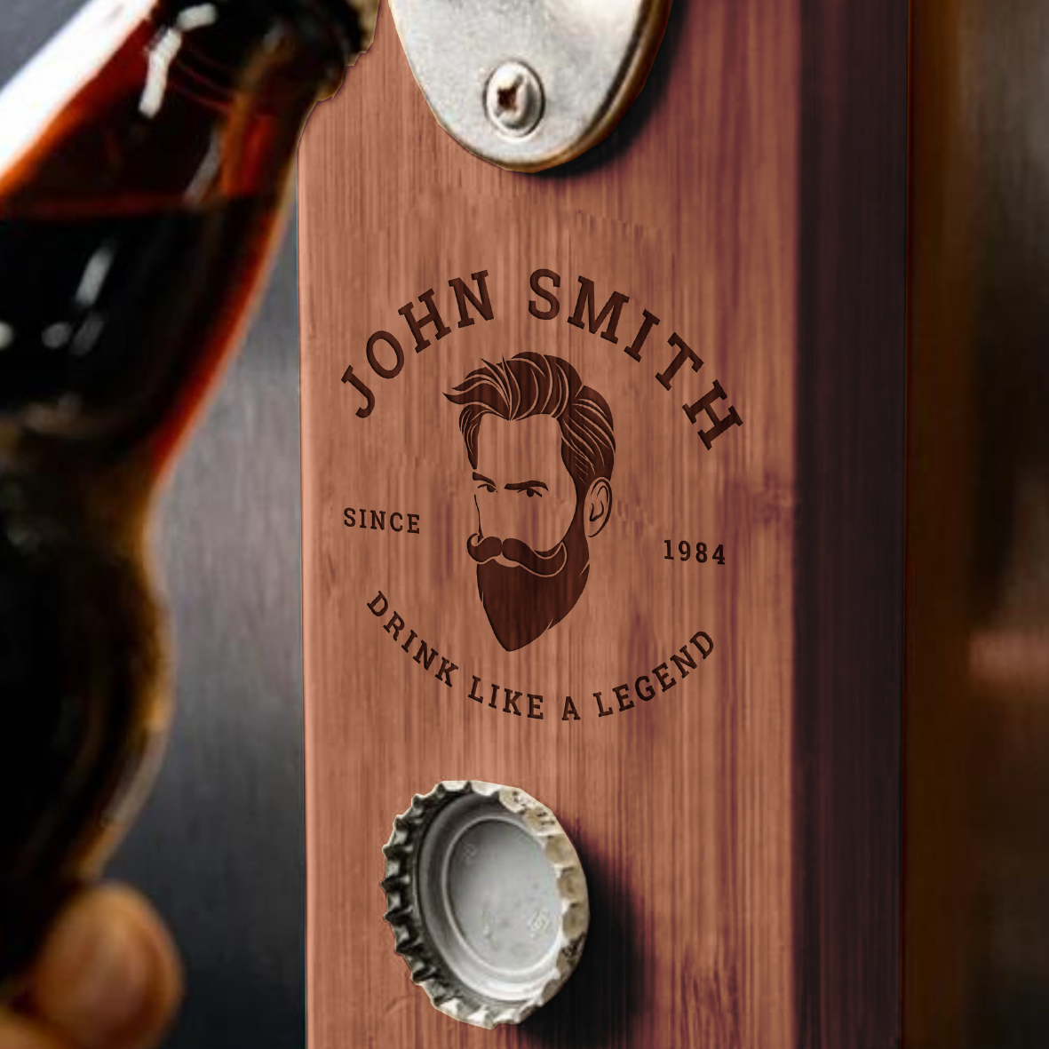 Custom Engraved Wooden Beer/ Drink Bottle Opener &amp; Magnetic Cap Catcher, Personalised Name Logo , Father, Christmas, Groomsmen Gift for Him