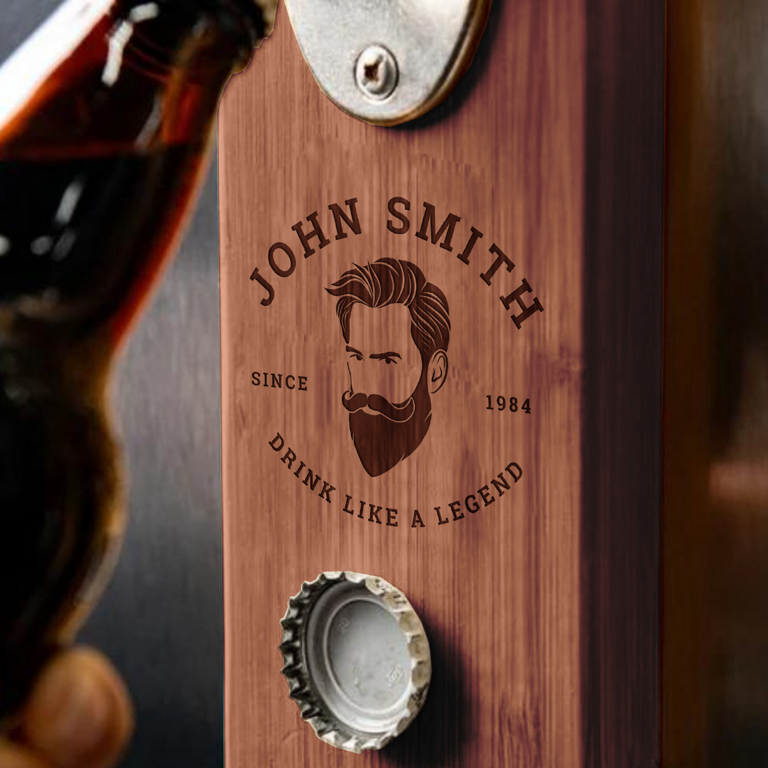 Custom Engraved Wooden Beer/ Drink Bottle Opener & Magnetic Cap Catcher, Personalised Name Logo , Father, Christmas, Groomsmen Gift for Him