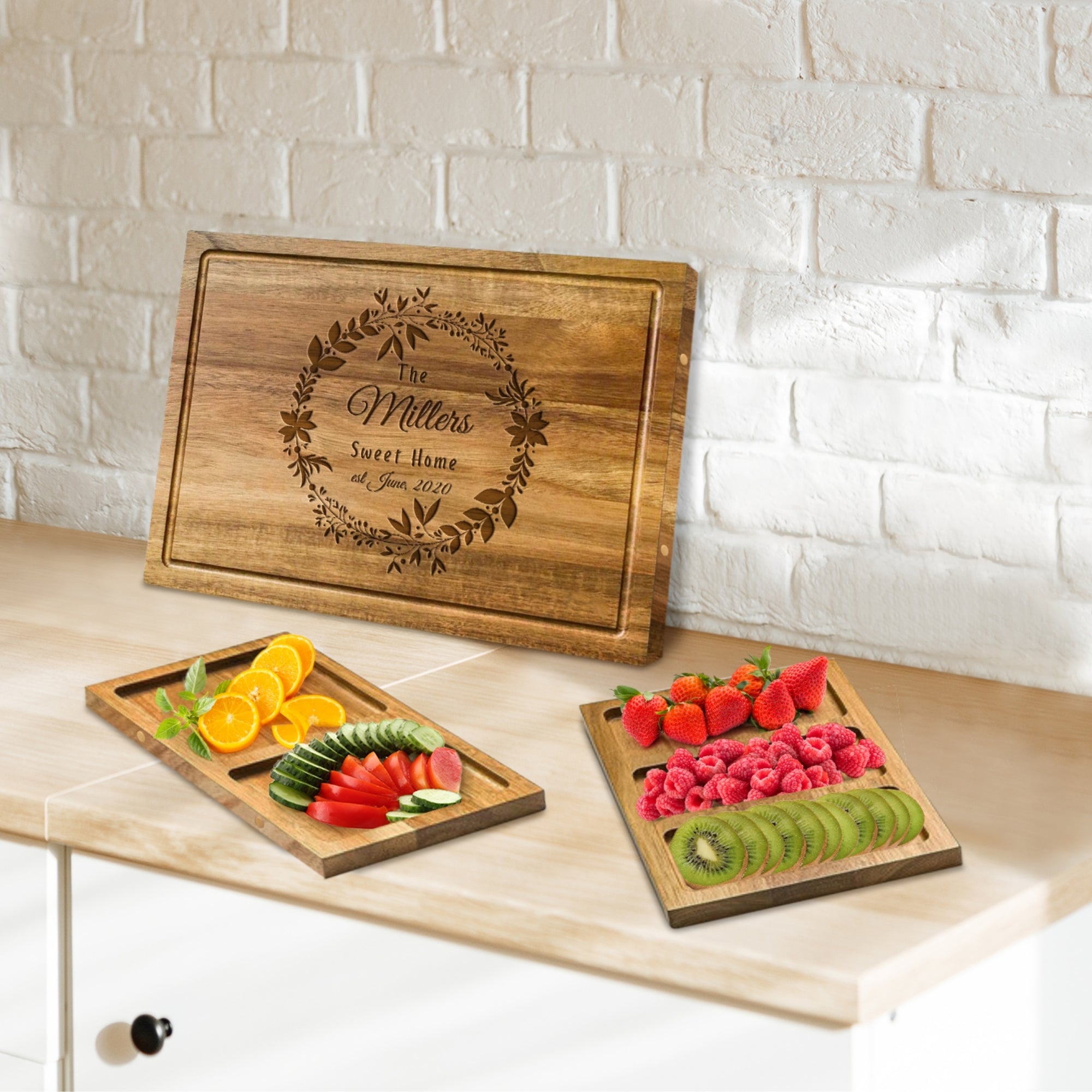 Personalised Acacia Wooden Magnetic Cutting/ Chopping Board &amp; Trays, Custom Engraved Cheese Charcuterie Serving Platter Housewarming Corporate Gift