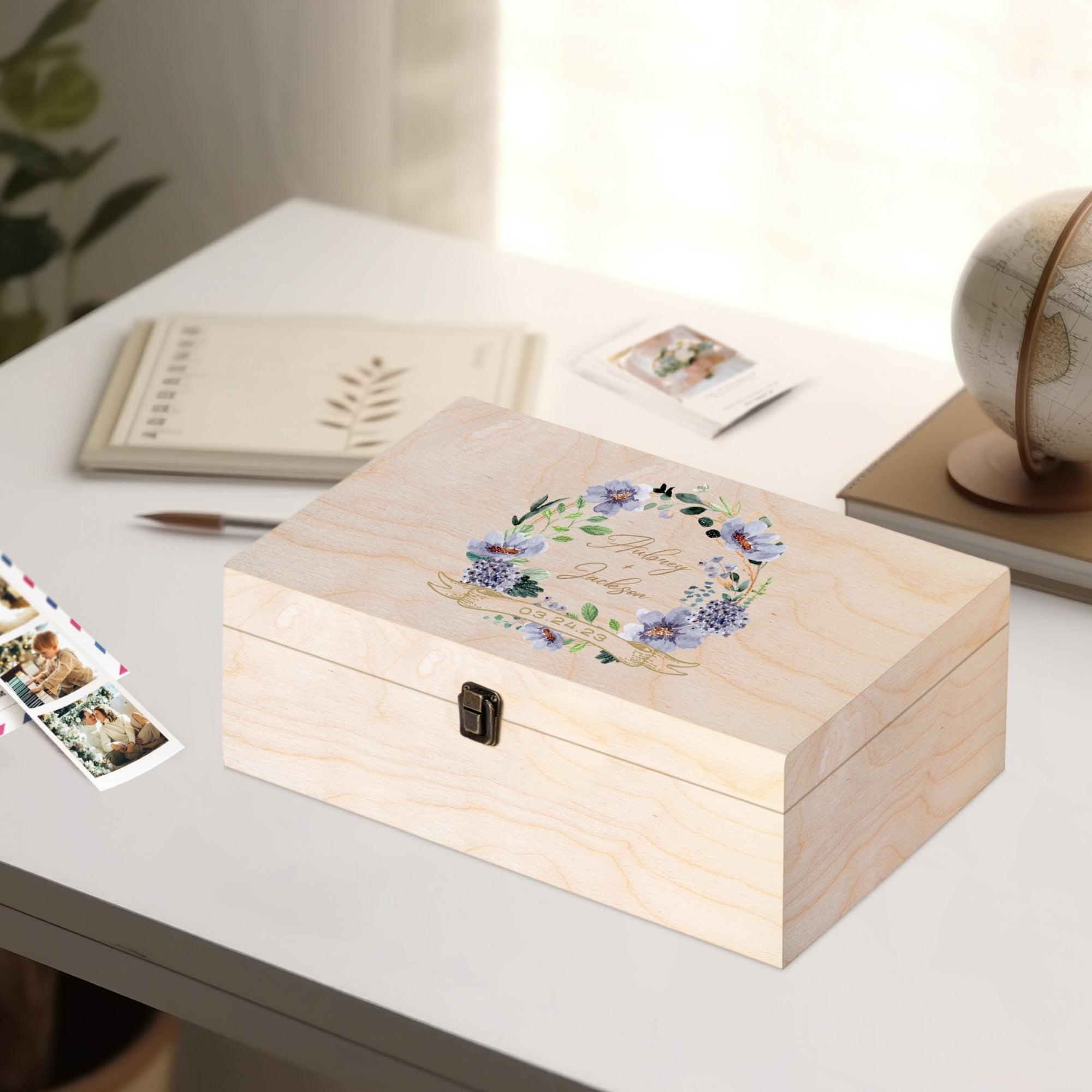 Personalised Floral Wedding Wooden Keepsake Box, Custom Names &amp; Date UV Printed Memory Engagement Treasure Storage, Anniversary Couple Gift 