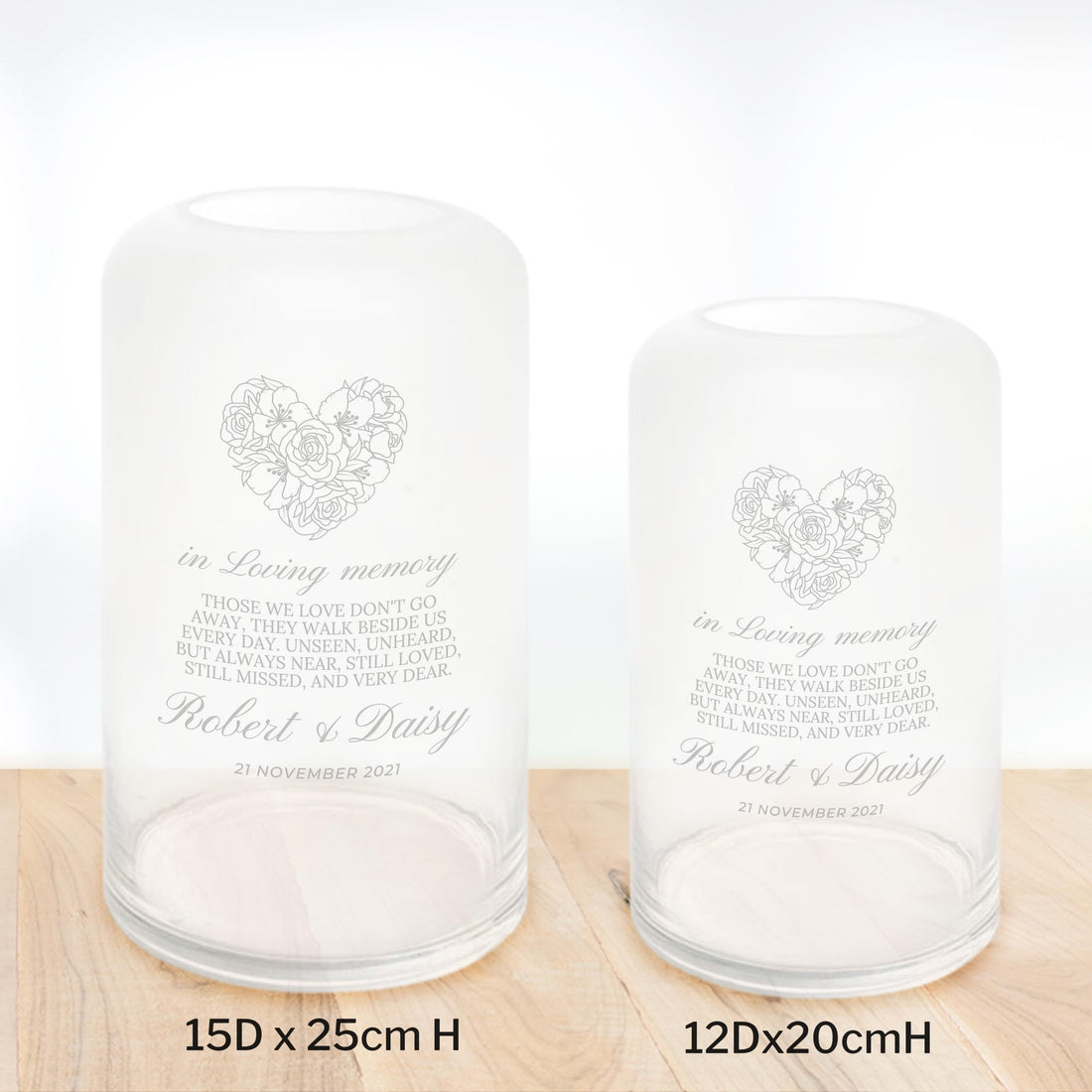 Personalised Medium Curved Cylinder Frosted Clear Glass Vase, Custom Engraved Memorial Wedding Gift for Bridesmaid, Mother of Bride/ Groom, Housewarming, Anniversary