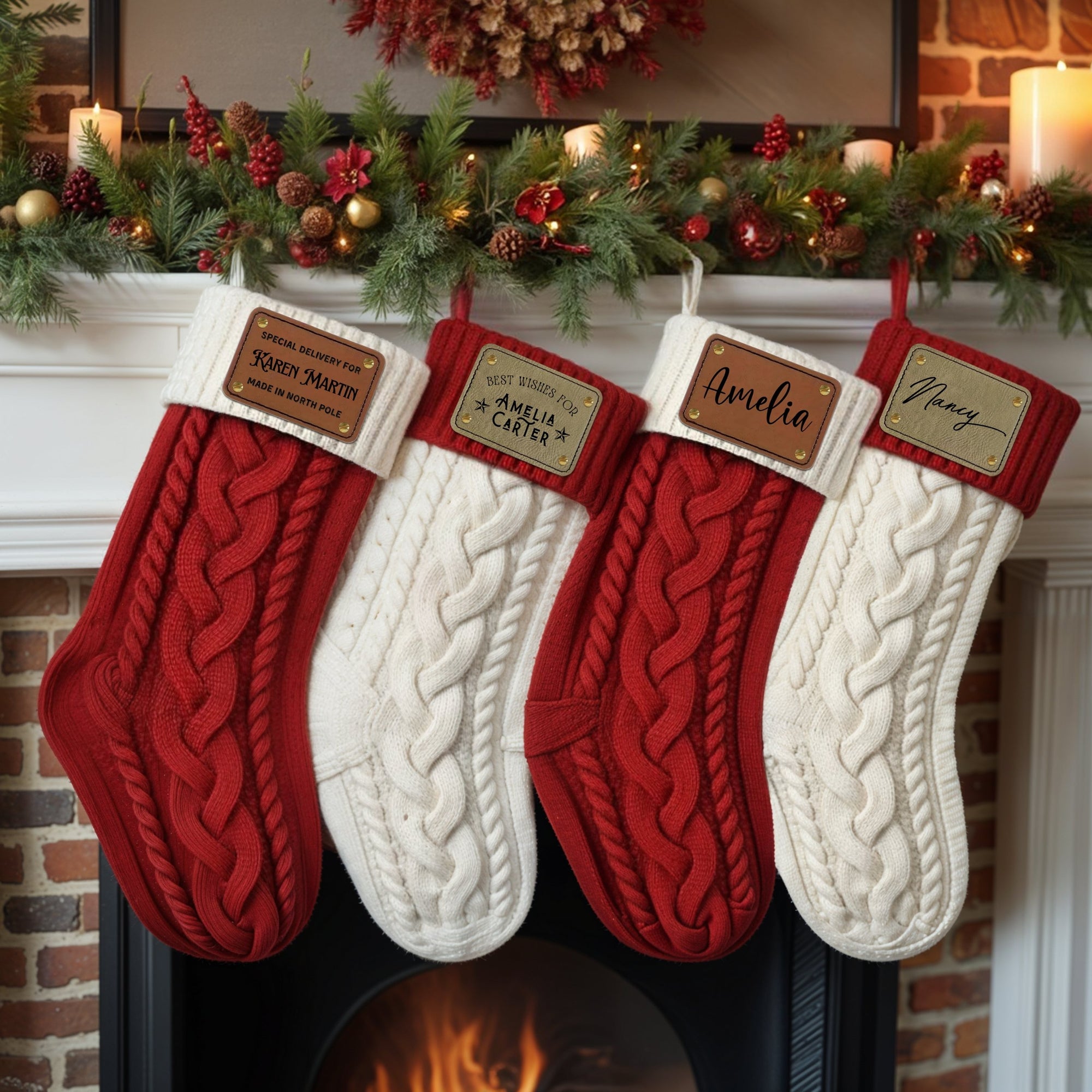 Personalised Knitted Christmas Stocking Custom Etched Leather Patch Merry Xmas Present Sock Family Santa North Pole Holiday Kid Gift Storage