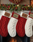 Personalised Knitted Christmas Stocking Custom Etched Leather Patch Merry Xmas Present Sock Family Santa North Pole Holiday Kid Gift Storage