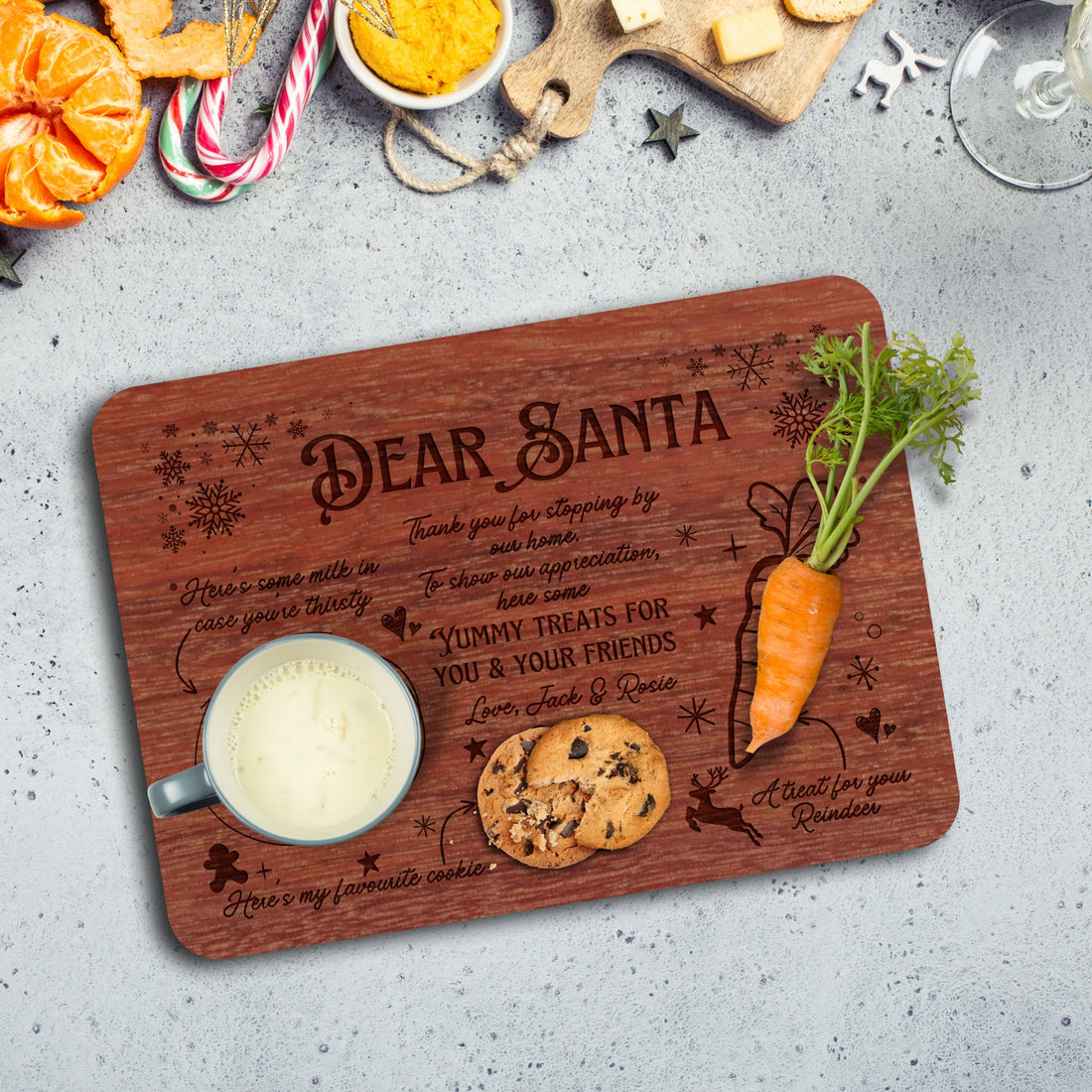 Personalised Dear Santa Treat Tray, Custom Engraved Christmas Eve Board, Etched Reindeer Milk Carrot Cookie Platter, Plywood Xmas Night Tray