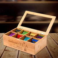 Personalised Bamboo 8 Slots Tea Bag Box, Etched Wooden Keepsake, Engraved Kitchen Custom Organised Storage, Housewarming/ Birthday, Mom-Dad, Teacher, Godparents Gift