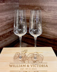 Personalised Pair of Crystal Toasting Flutes in Custom Engraved Wooden Box, Couple Champagne Glasses Set Valentines Anniversary Wedding Gift