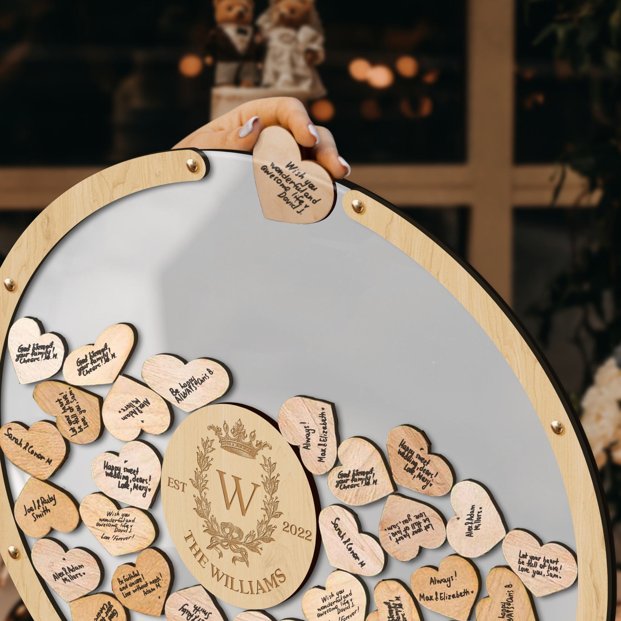 Custom Made Laser Cut Plywood Round Shape Wedding Drop Box, Rustic Personalised Name &amp; Date Guest Book Alternative, Stationery Table Decor