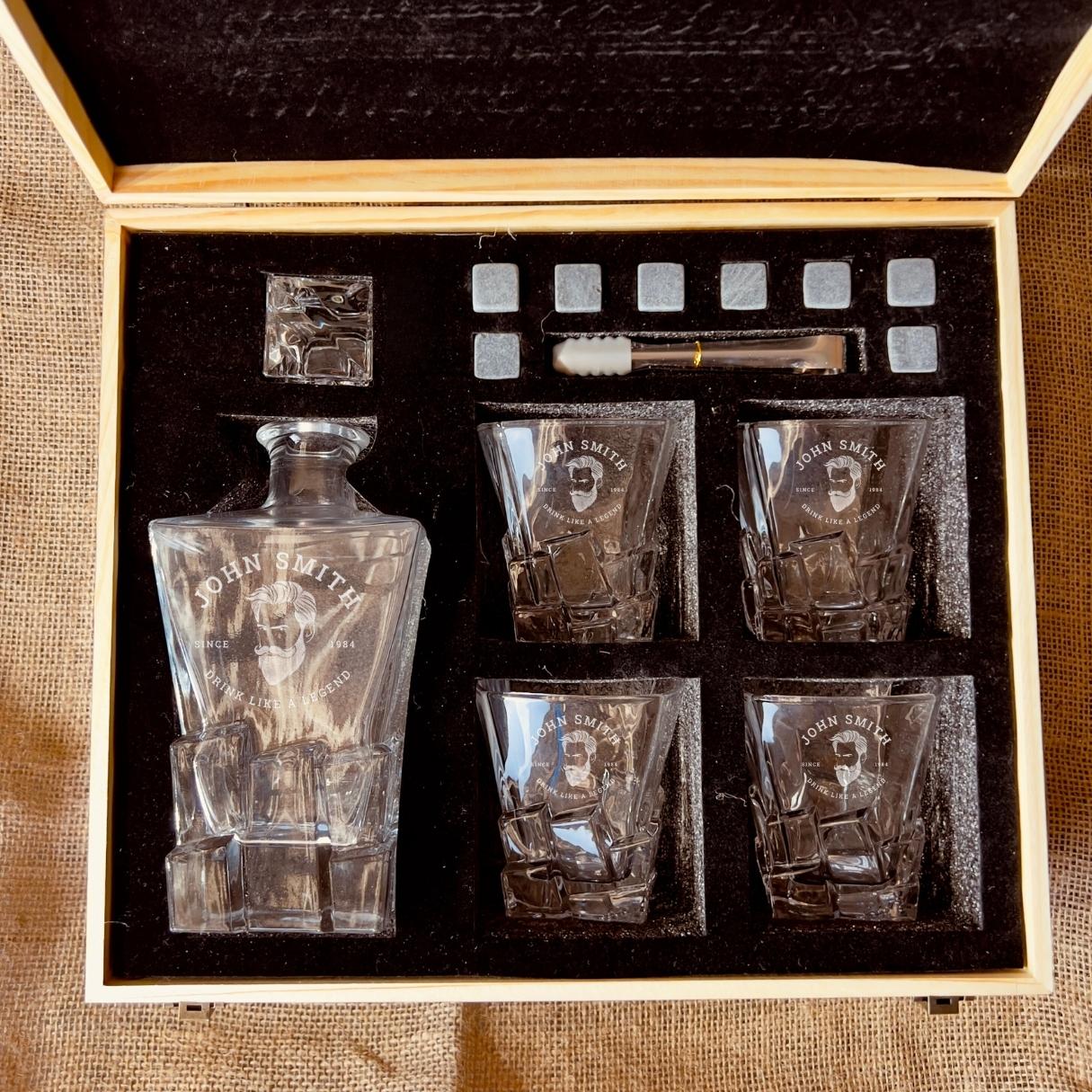 Personalised Wooden Boxed Whiskey Decanter Set, 4 Scotch Glasses, 6 Ice Stones &amp; Tongs | Custom Engraved Groomsmen, Wedding, Whisky Bar Gift