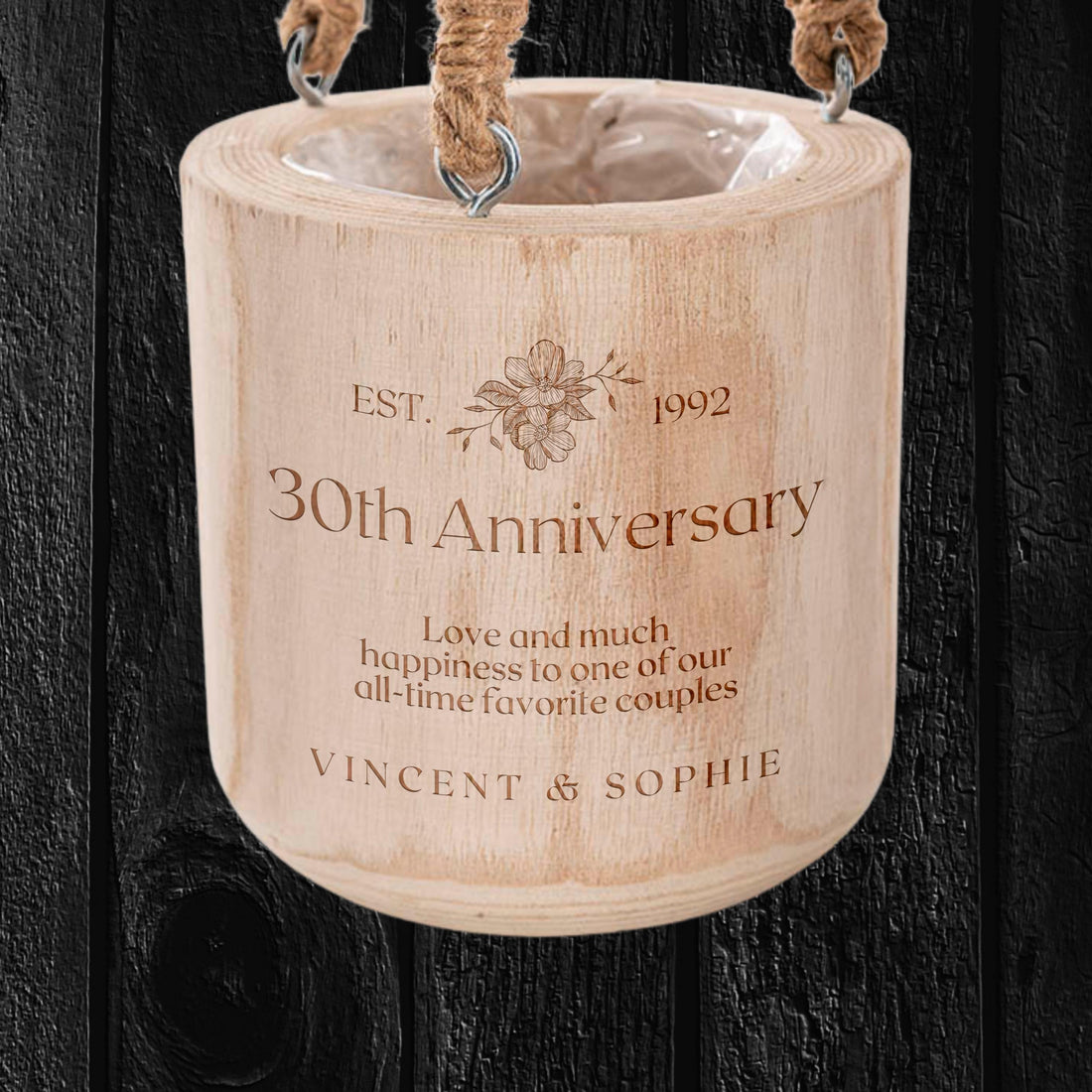 Personalised Hanging Wooden Cylinder Vase Planter, Engraved Logo Flower Pot, Memorial, Anniversary, Housewarming Mother Birthday Garden Gift