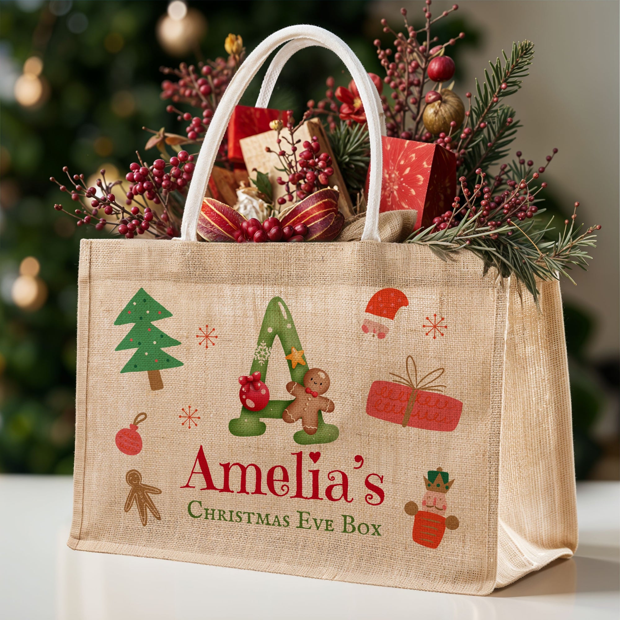 Personalised Christmas Eve Jute Bag, Customised Merry Xmas Stamp Presents Burlap Tote Bag, Kid Family Santa North Pole Delivery Gift Storage