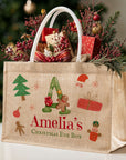 Personalised Christmas Eve Jute Bag, Customised Merry Xmas Stamp Presents Burlap Tote Bag, Kid Family Santa North Pole Delivery Gift Storage