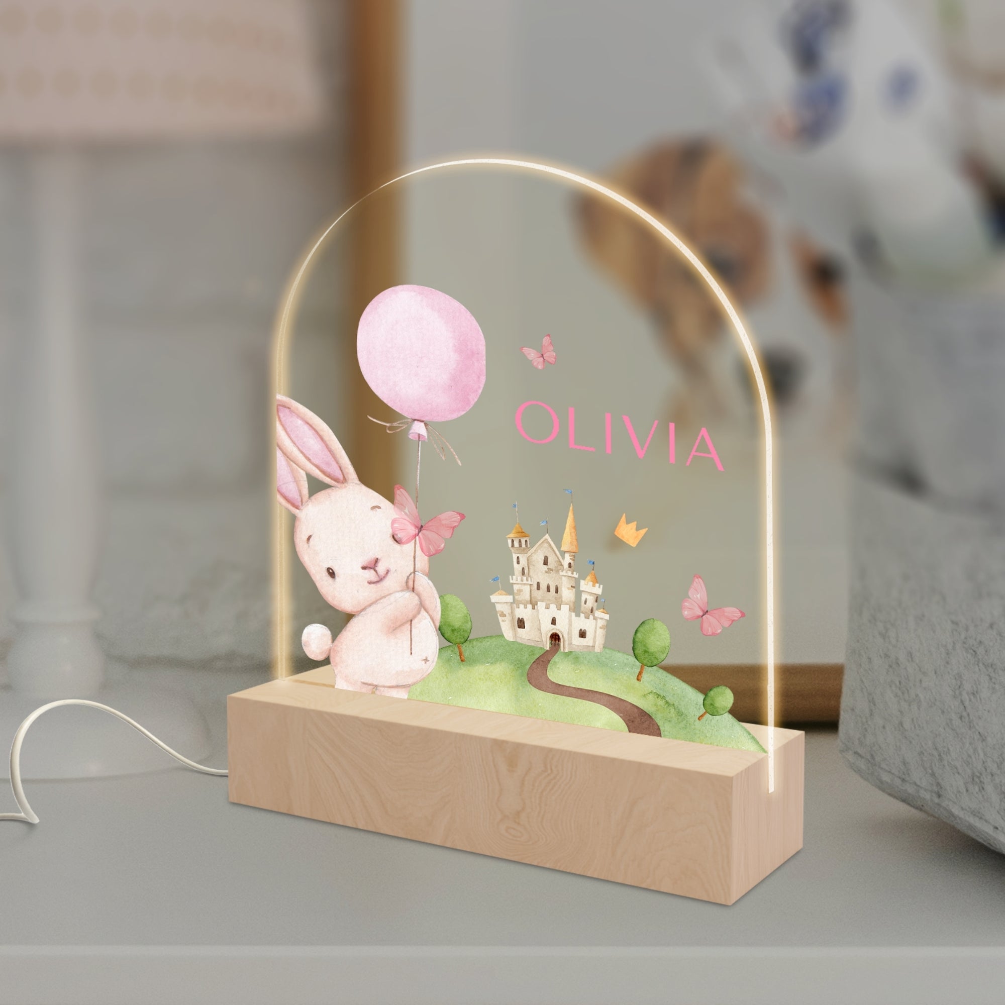 Personalised 3D Kid LED Night Light, Custom Waterpaint Cartoon Animal &amp; Name Wood Acrylic Print Table Lamp, First Birthday, Nursery Kid Gift