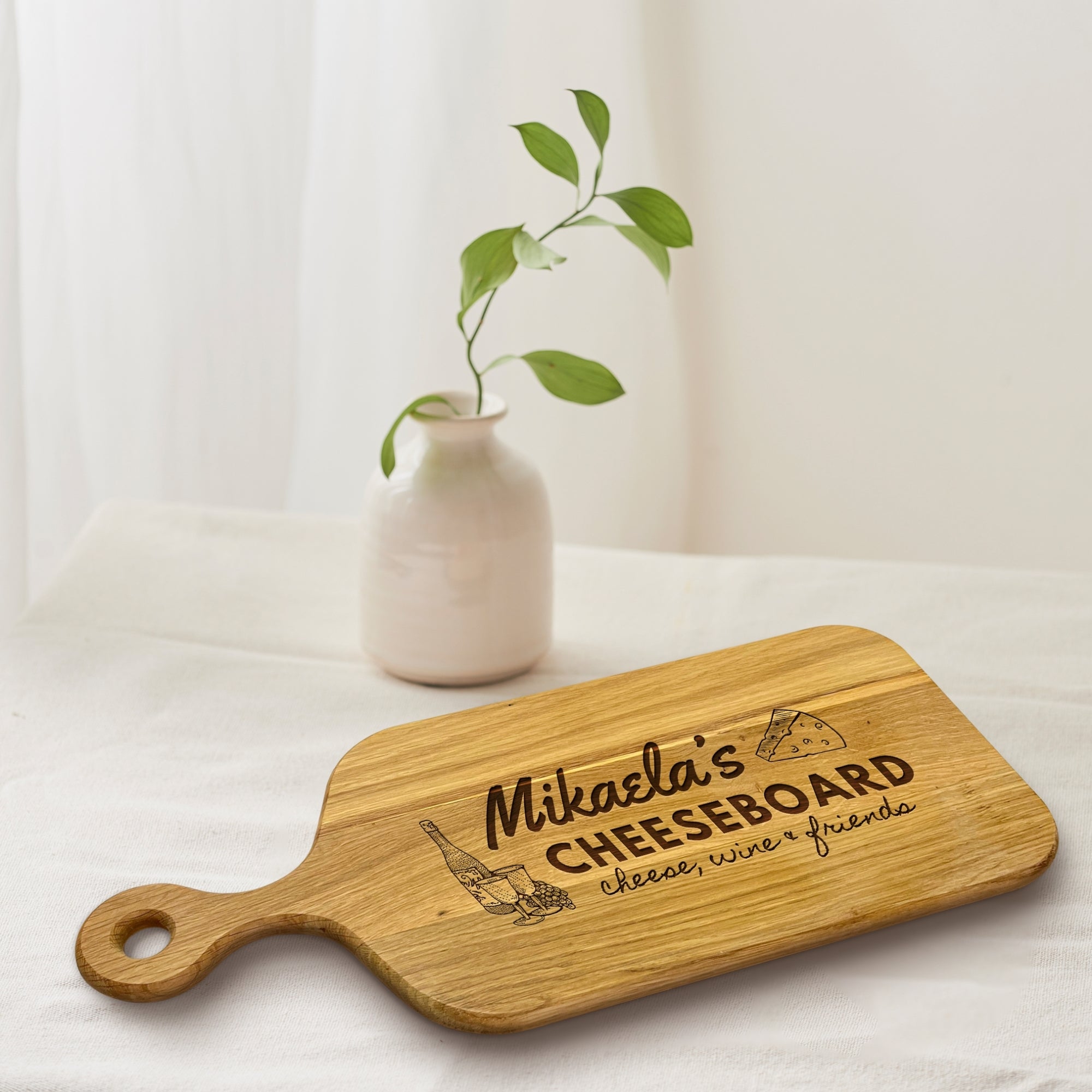 Personalised Oak Wooden Cheese Serving Board, Custom Engraved Cutting Chopping Paddle Tray, Charcuterie Platter, Housewarming Corporate Gift