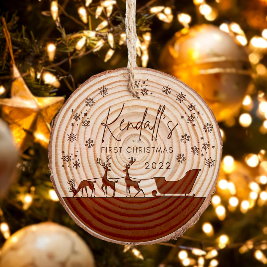 Custom Engraved Christmas Rustic Wood Slice Ornament, Personalised First Engaged Married Wreath Family Hanging Tree Baubles, Decor Gift Tags