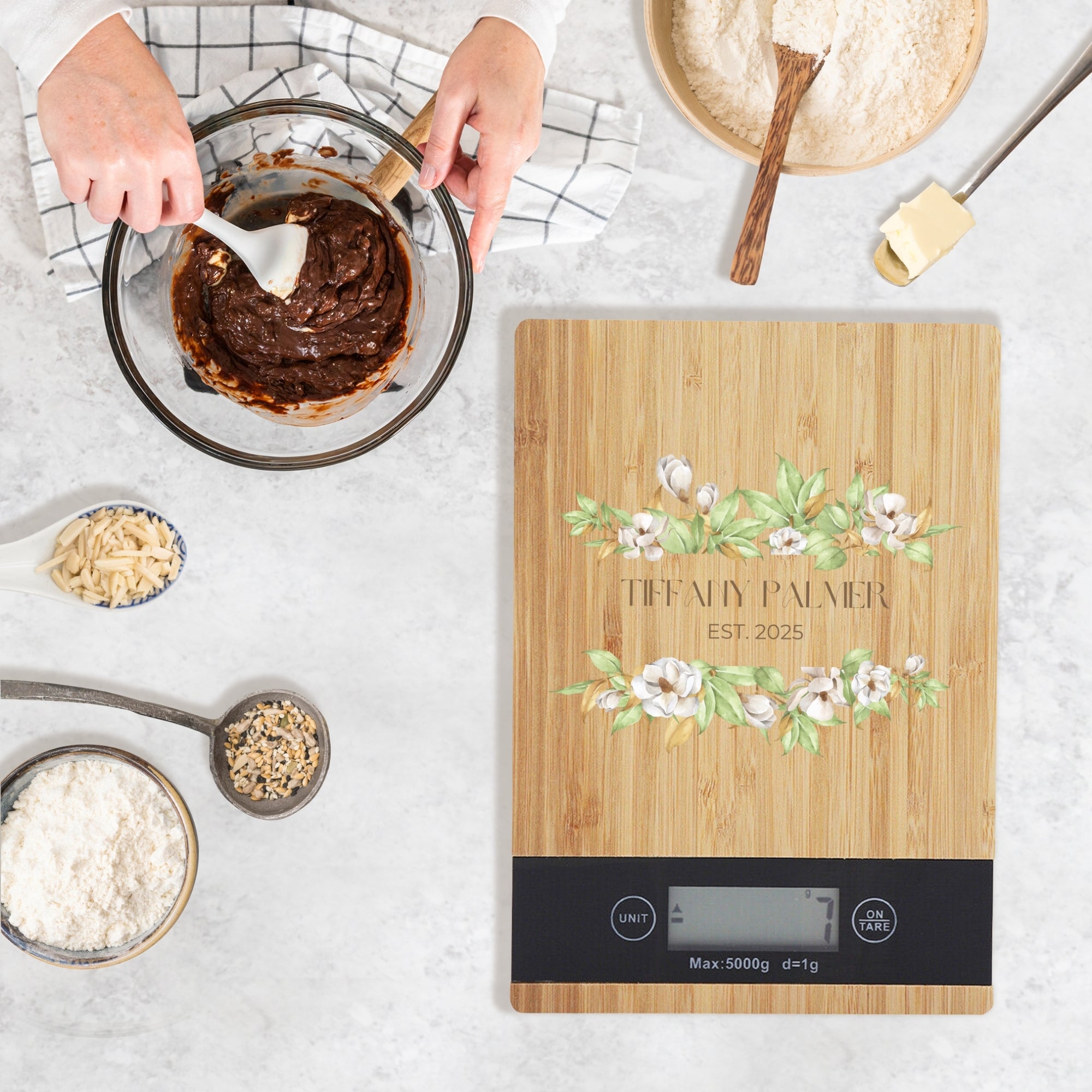 Personalised Bamboo Kitchen Scale, Custom UV Printed Digital Electronic Weighing, Mother&#39;s Day, Corporate Housewarming, Chef Kitchenware Gift