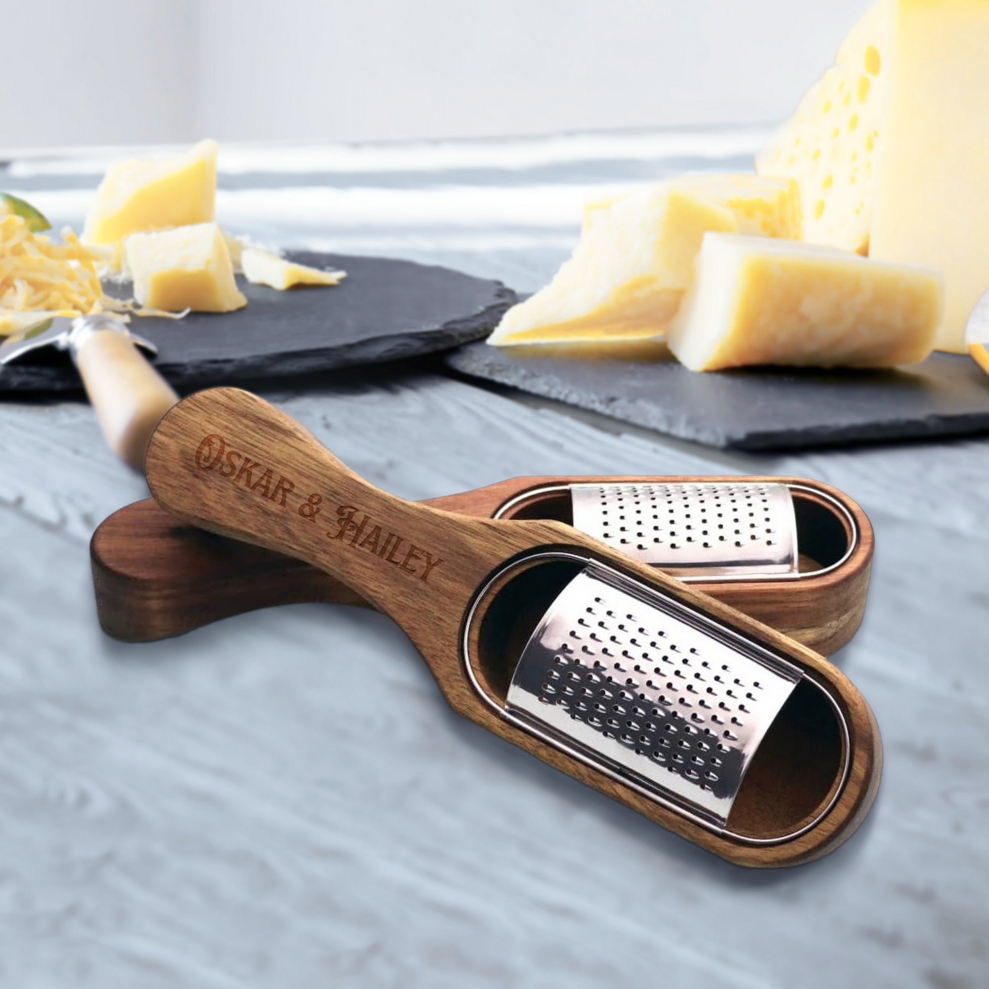 Personalised Wooden Stainless Cheese Grater &amp; Holder, Custom Engraved Shredder Box, Cheese Spoon Zester, Kitchen Utensils, Housewarming Gift