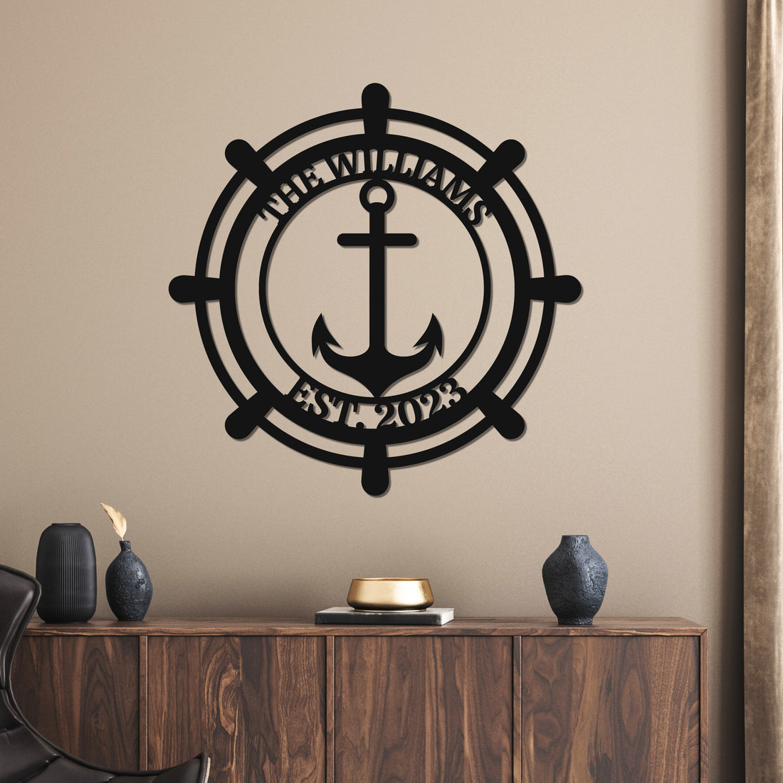Personalised Family Name Sea Anchor Sign, Customised Nautical Wall Hanging Art, Stylish Hampton Beach House Decor, Ship's Wheel Hoop, Housewarming, Navy, Sailor Graduation Gift