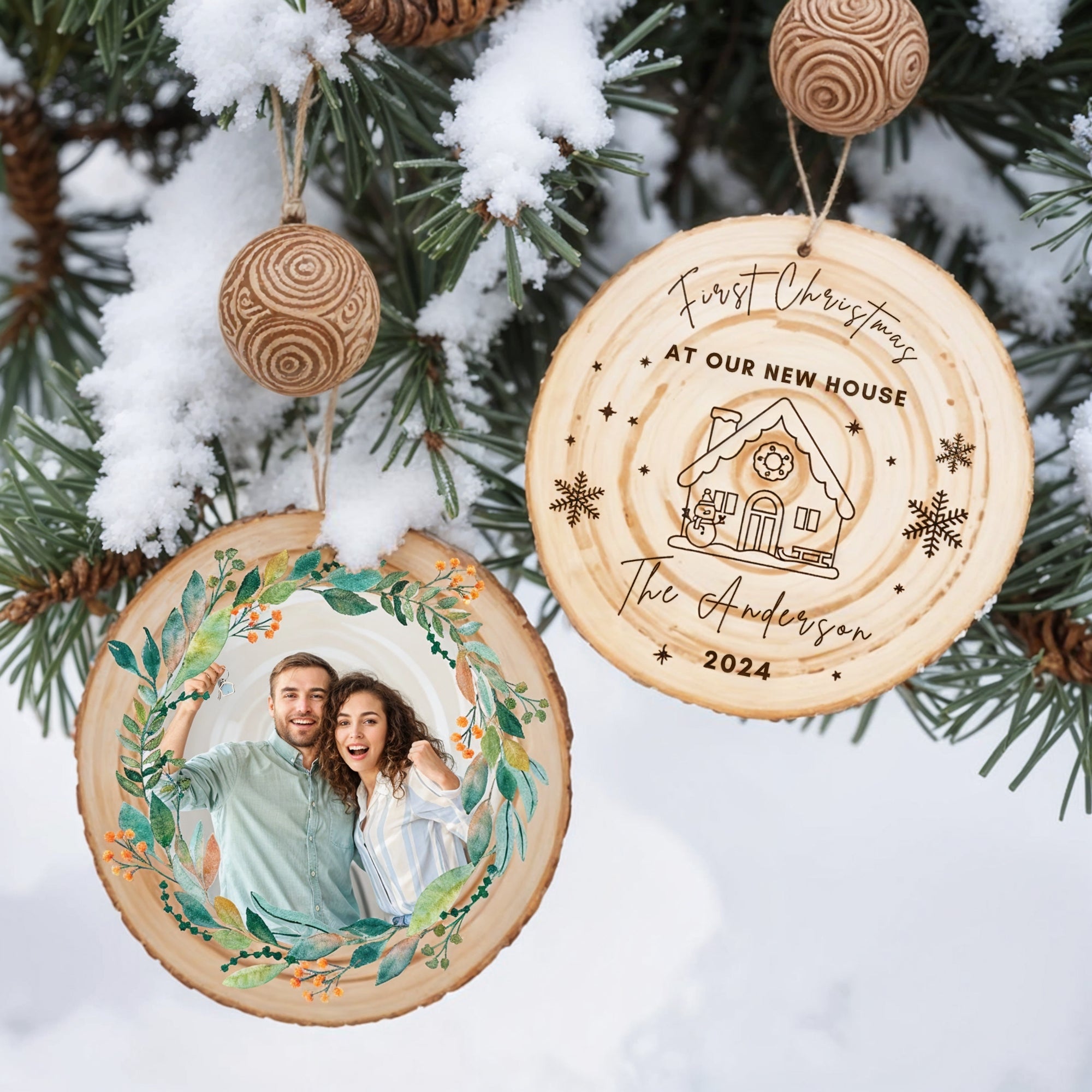 Personalised Wood Slice Family Photo Tree Ornament, Custom Name First Christmas, Married Couple, Engagement, New Home Bauble Gift Tag Decor