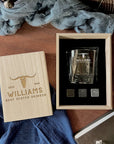 Personalised Wooden Whiskey Box, Scotch Glass, Ice Stones, Coaster, Custom Engraved Barware Set, Groomsman, Dad, Birthday, Corporate Gift 