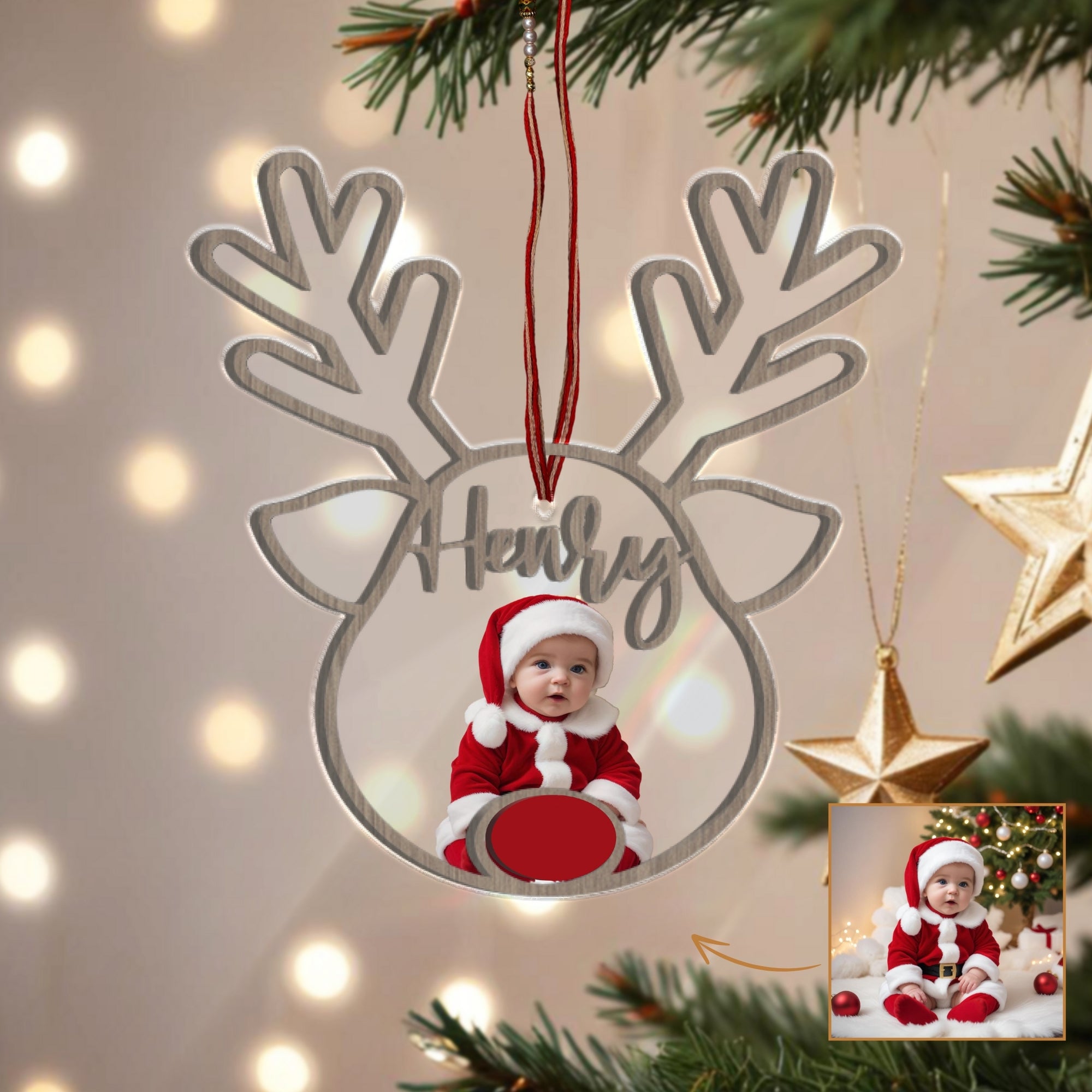 Personalised 3D Double Layer Wood Acrylic Baby Photo Reindeer Ornament, Custom Kid Name First Christmas, Couple, New Home Bauble Gift Tag