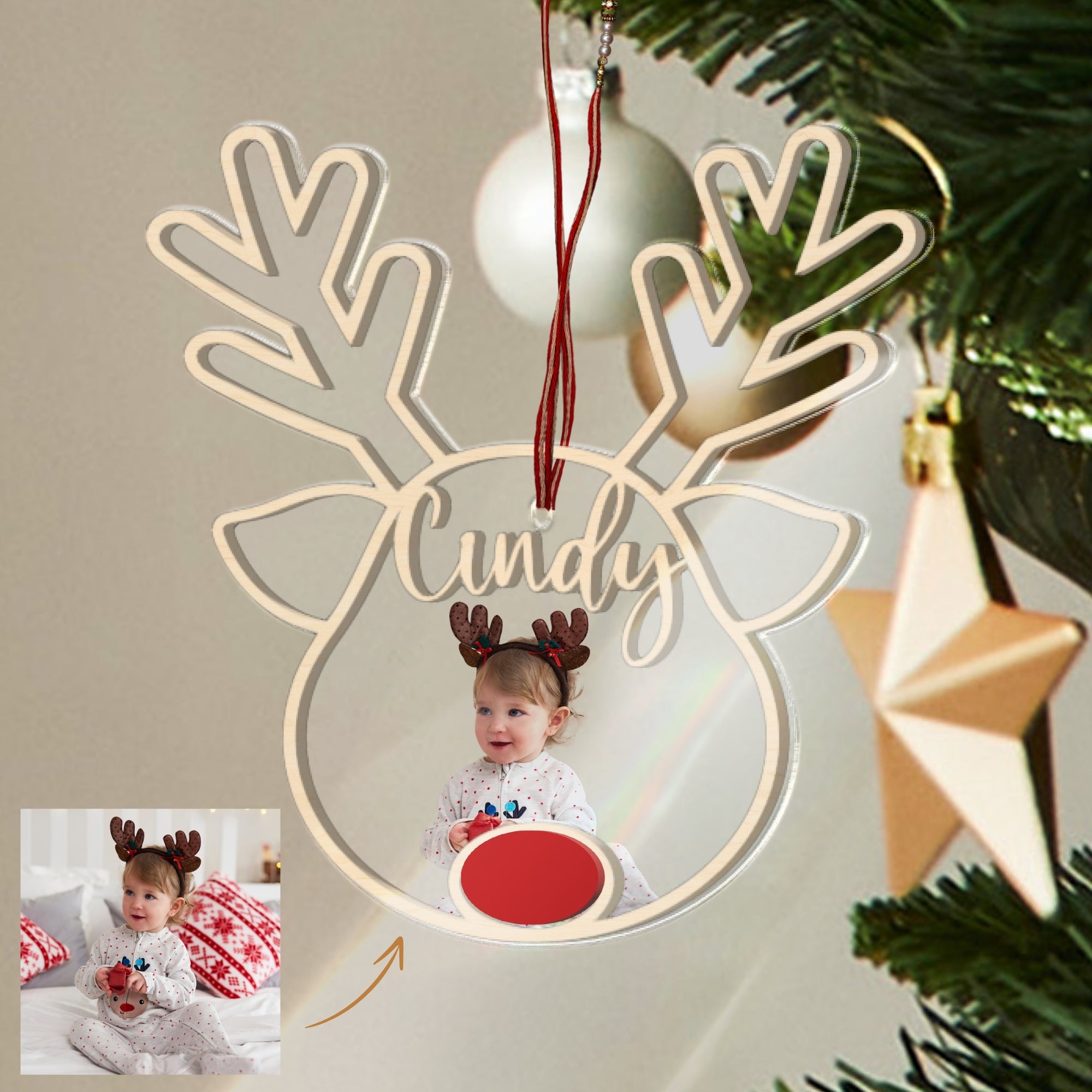 Personalised 3D Double Layer Wood Acrylic Baby Photo Reindeer Ornament, Custom Kid Name First Christmas, Couple, New Home Bauble Gift Tag