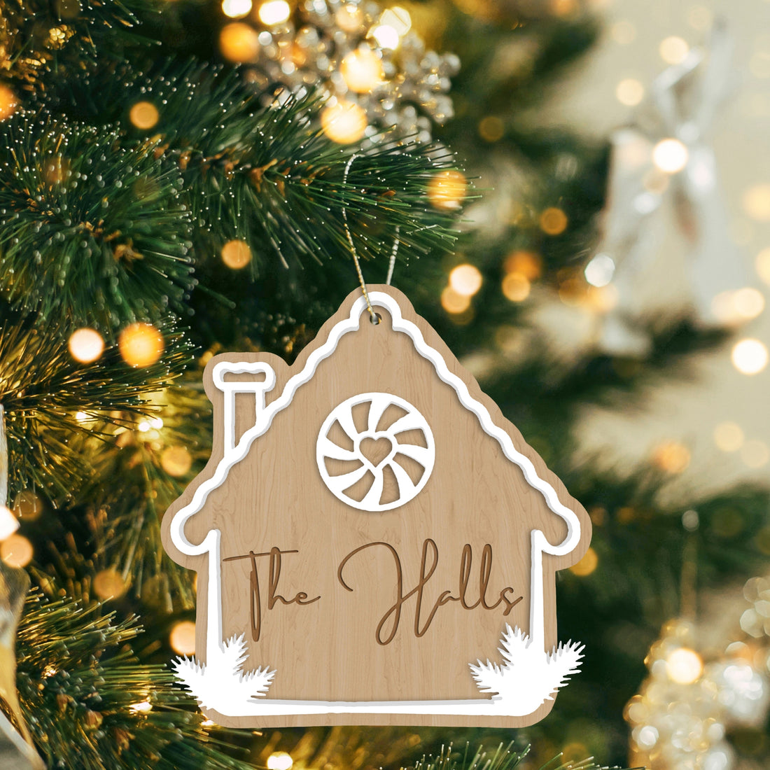 Personalised Double Layer Wood Gingerbread House Christmas Bauble, Custom Engraved Name Hanging Tree Ornament, Housewarming Decor Gift Tag