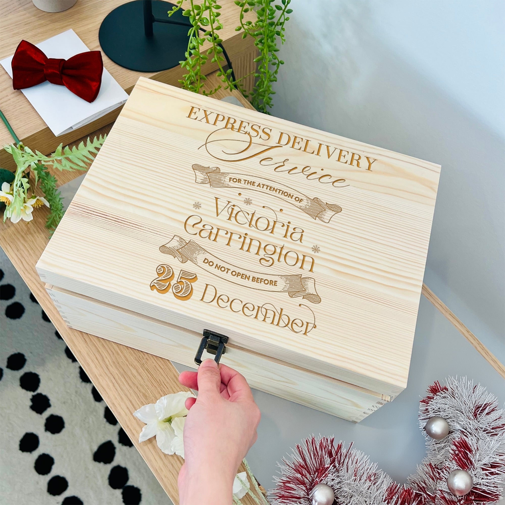 Personalised Wooden Santa Delivery Christmas Eve Box, Custom Engraved Kid Keepsake Treasure Storage First Xmas Mr Mrs New Home Memorial Gift