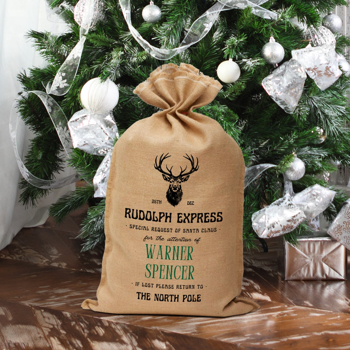 Personalised Printed Christmas Kid & Family Rudolph Express Traditional Sack, Customised Santa Presents Jute Bag, Reusable Coarse Linen Gift Storage, Xmas Decor