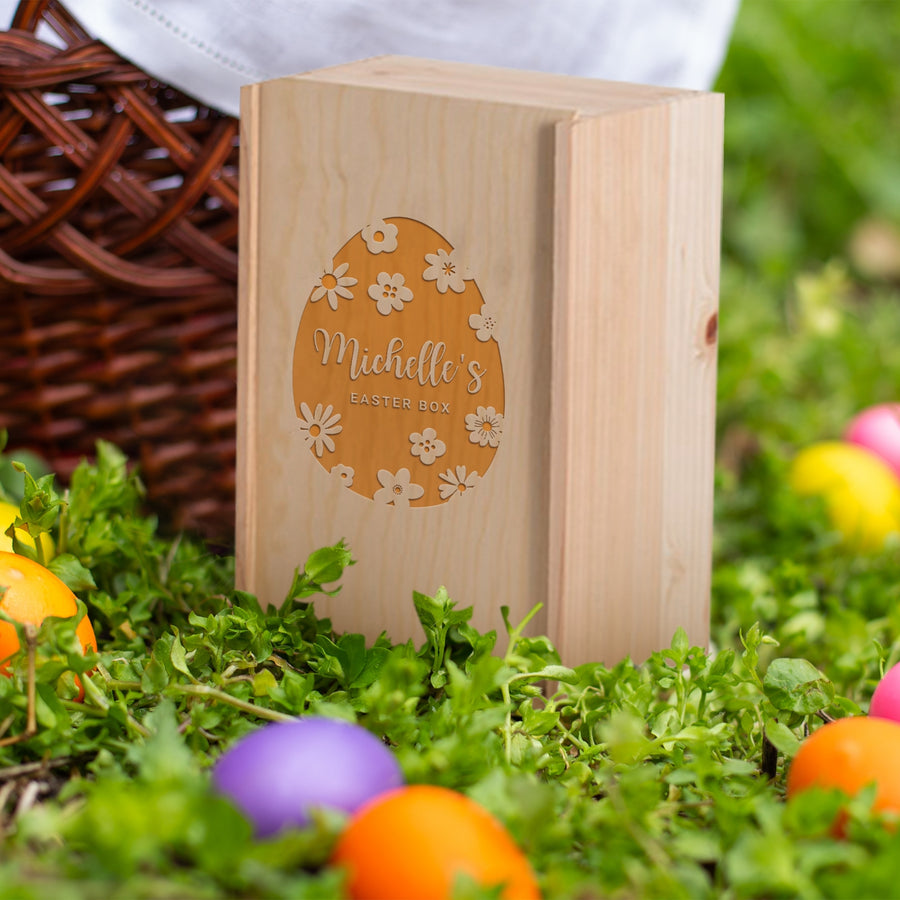 Personalised Wooden Easter Keepsake Box, Engraved Custom Rabbit Bunny Egg Sliding Hamper, First Birthday, Baby Baptism, Christian Gift Box