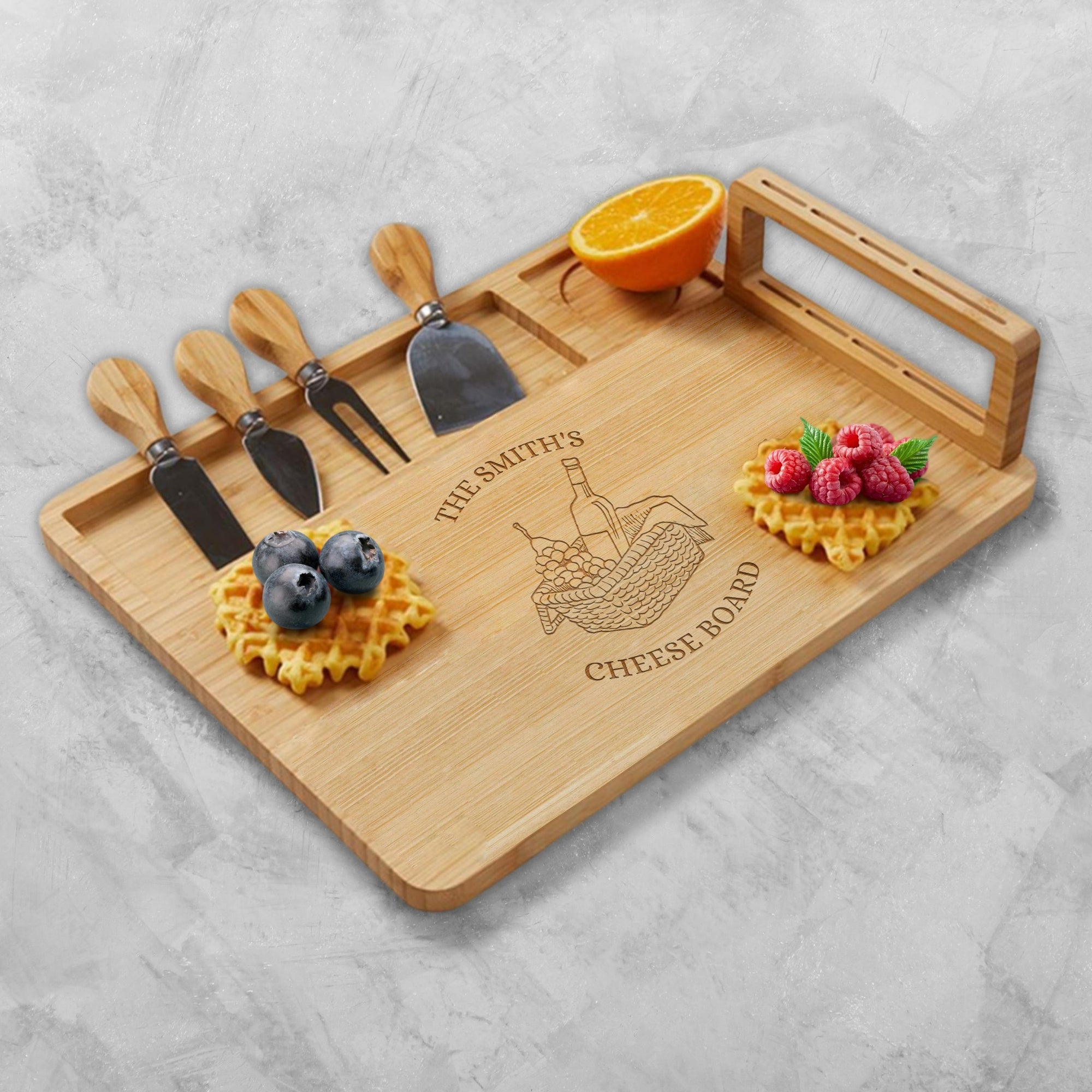 Personalised Bamboo Wooden Cheese Board &amp; Knife Travel Set, Engraved Serve Tray, Charcuterie Platter, Wedding, Anniversary, Corporate, Housewarming Gift