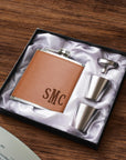 Personalised Tan Leatherette Stainless Steel 7oz Hip Flask, Funnel, Shot Glasses Set Custom Engraved Logo Groomsman, Dad, Corporate Gift Box