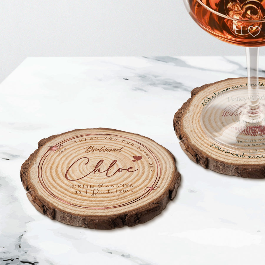 Custom UV Print Photo Wedding Wood Slice Coaster, Personalised Logo Thank You Place Card, Rustic Drink Mat Bridesmaid Favour Hens Party Gift
