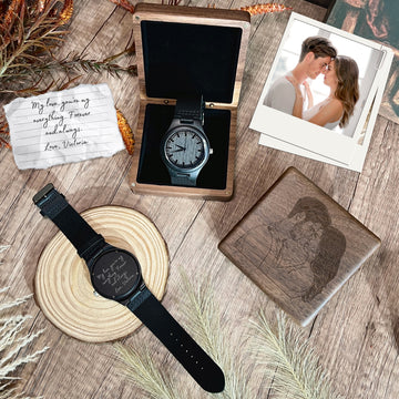 Personalised Wooden Watch & Etched Sketch Photo Walnut Box, Custom Engraved Jewellery Storage Holder, Groomsman, Dad, Corporate Gift