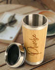 Personalised Bamboo, Stainless Steel Insulated Cup, Custom Engraved Logo Travel Thermal Tumbler, Vacuum Mug Flask, Teacher, Corporate Gift