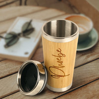 Personalised Bamboo, Stainless Steel Insulated Cup, Custom Engraved Logo Travel Thermal Tumbler, Vacuum Mug Flask, Teacher, Corporate Gift