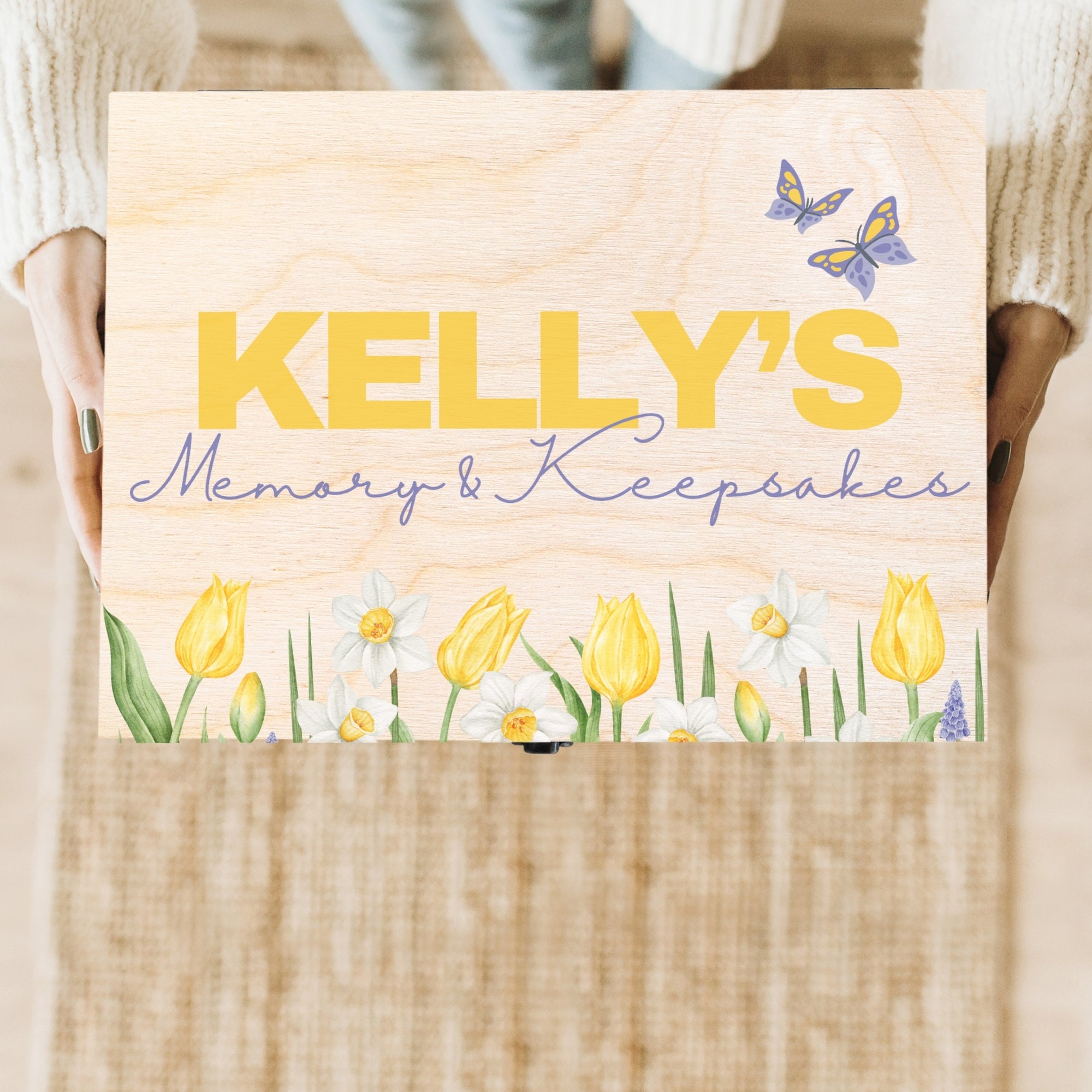 Personalised Printed Floral Wooden Keepsake Box, Custom UV Printed Memory Wedding Treasure Storage, Anniversary, Mother&#39;s Day, Birthday Gift