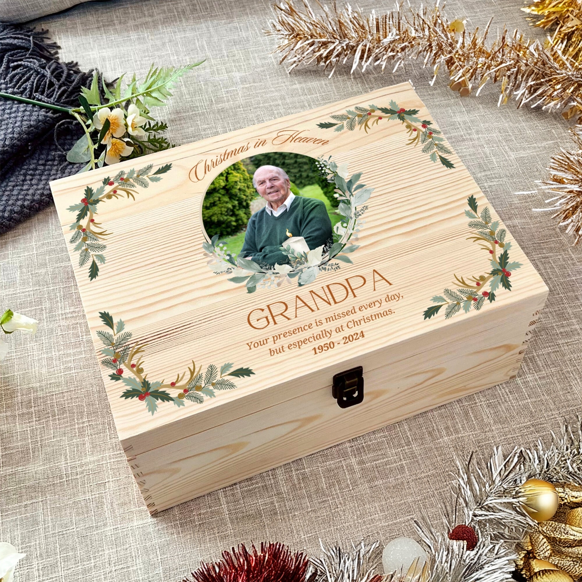 Personalised Wooden Remembering Photo Christmas Eve Box, Custom Print Keepsake Treasure Storage, First Xmas as Mr Mrs New Home Memorial Gift