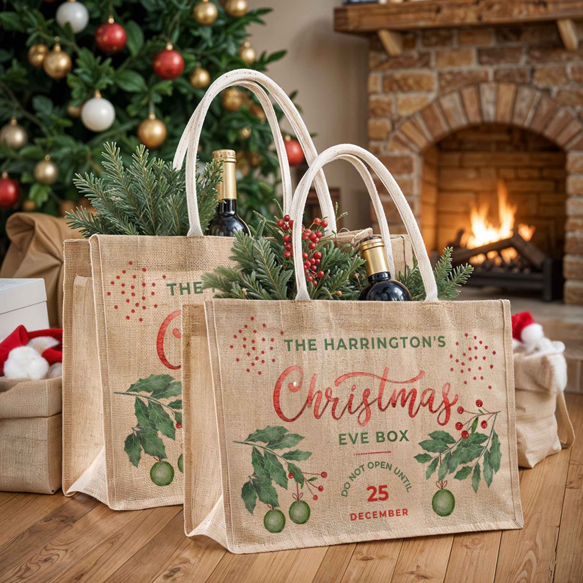 Personalised Christmas Eve Jute Bag, Customised Merry Xmas Stamp Presents Burlap Tote Bag, Kid Family Santa North Pole Delivery Gift Storage