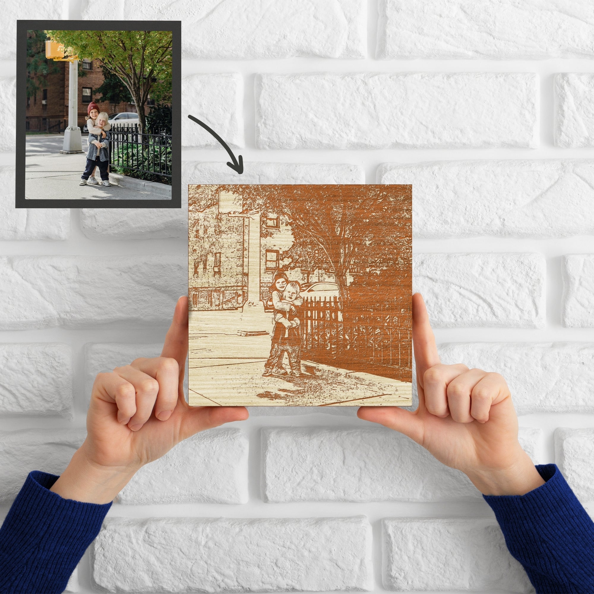 Personalised Wooden Sketch Photo Block, Custom Engraved Freestanding Table Square Display Memory, Image Gallery Wall Decor Housewarming Gift