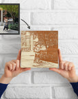 Personalised Wooden Sketch Photo Block, Custom Engraved Freestanding Table Square Display Memory, Image Gallery Wall Decor Housewarming Gift