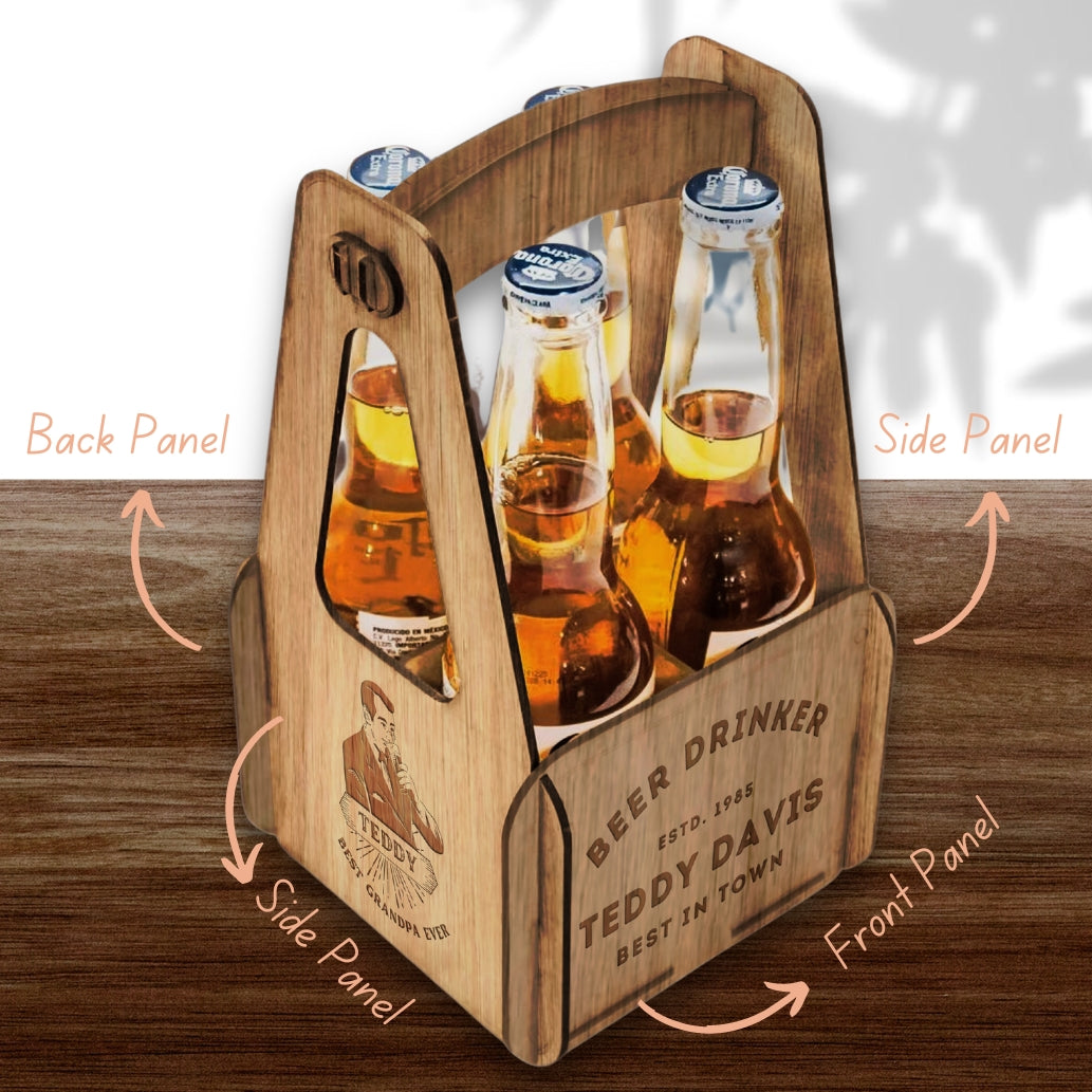 Custom Made Laser Cut & Engraved Wooden 4 Pack Beer Carrier, Personalised Wooden Name/ Logo Bottle Caddy Box, Father's Day, Groomsmen Gift for Him