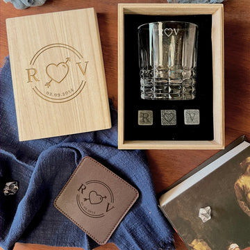 Personalised Wooden Whiskey Gift Box, Square Pattern Glass Ice Stones Coaster, Custom Logo Engraved Wedding Barware Set, Dad, Corporate Gift