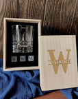 Personalised Wooden Whiskey Gift Box, Square Pattern Glass Ice Stones Coaster, Custom Logo Engraved Wedding Barware Set, Dad, Corporate Gift