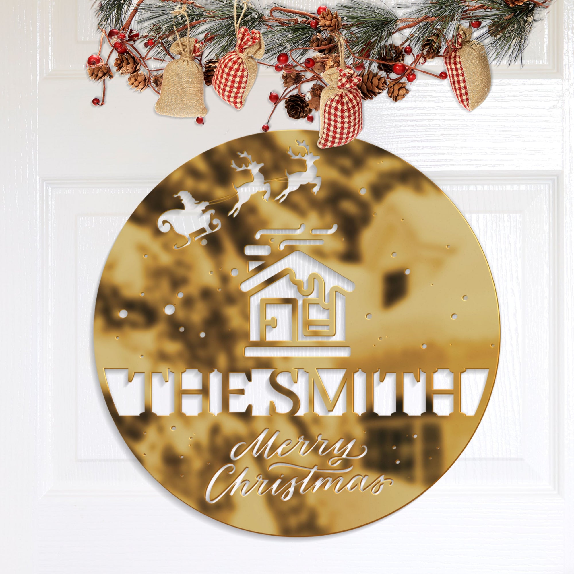 Custom Made Christmas at Family Name Sign Personalised Merry Xmas New Year Signage, Party Event Wall Hoop Backdrop Festive Wreath Door Decor