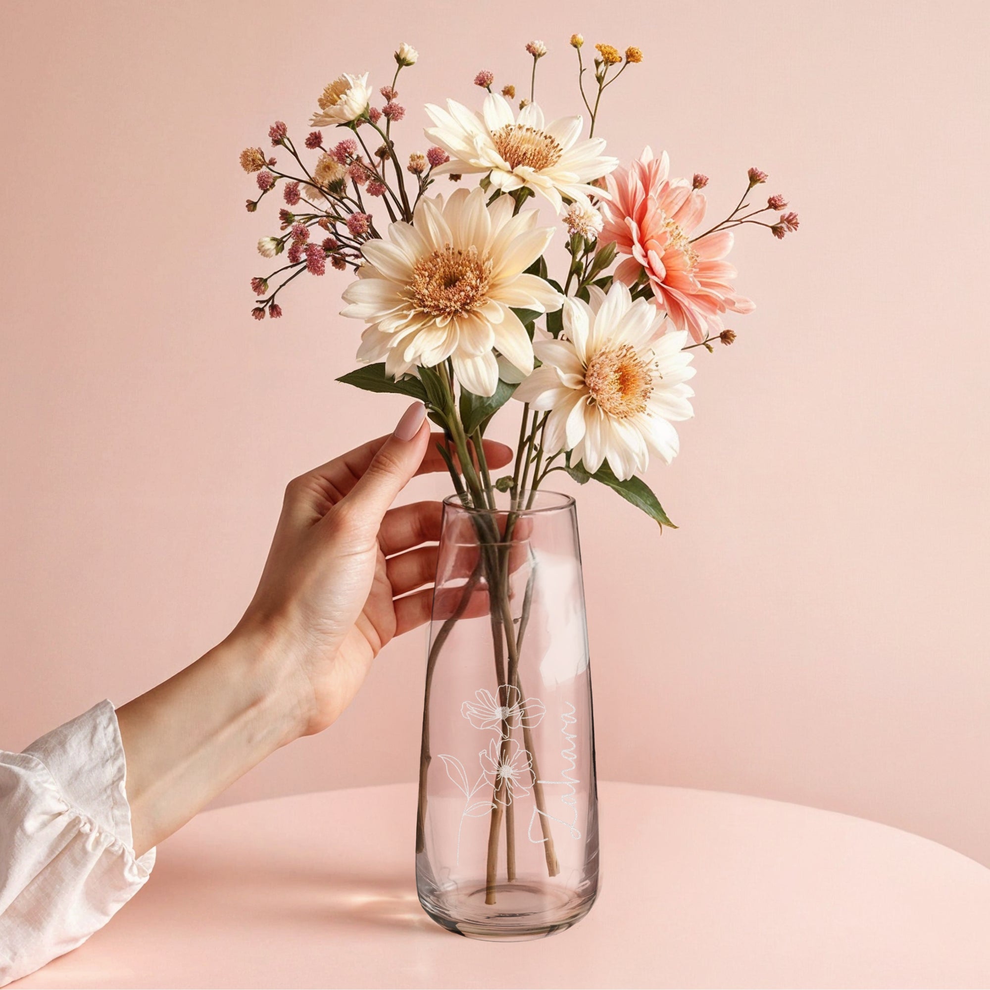 Engraved Small Organic Clear Glass Vase - Birth Flower