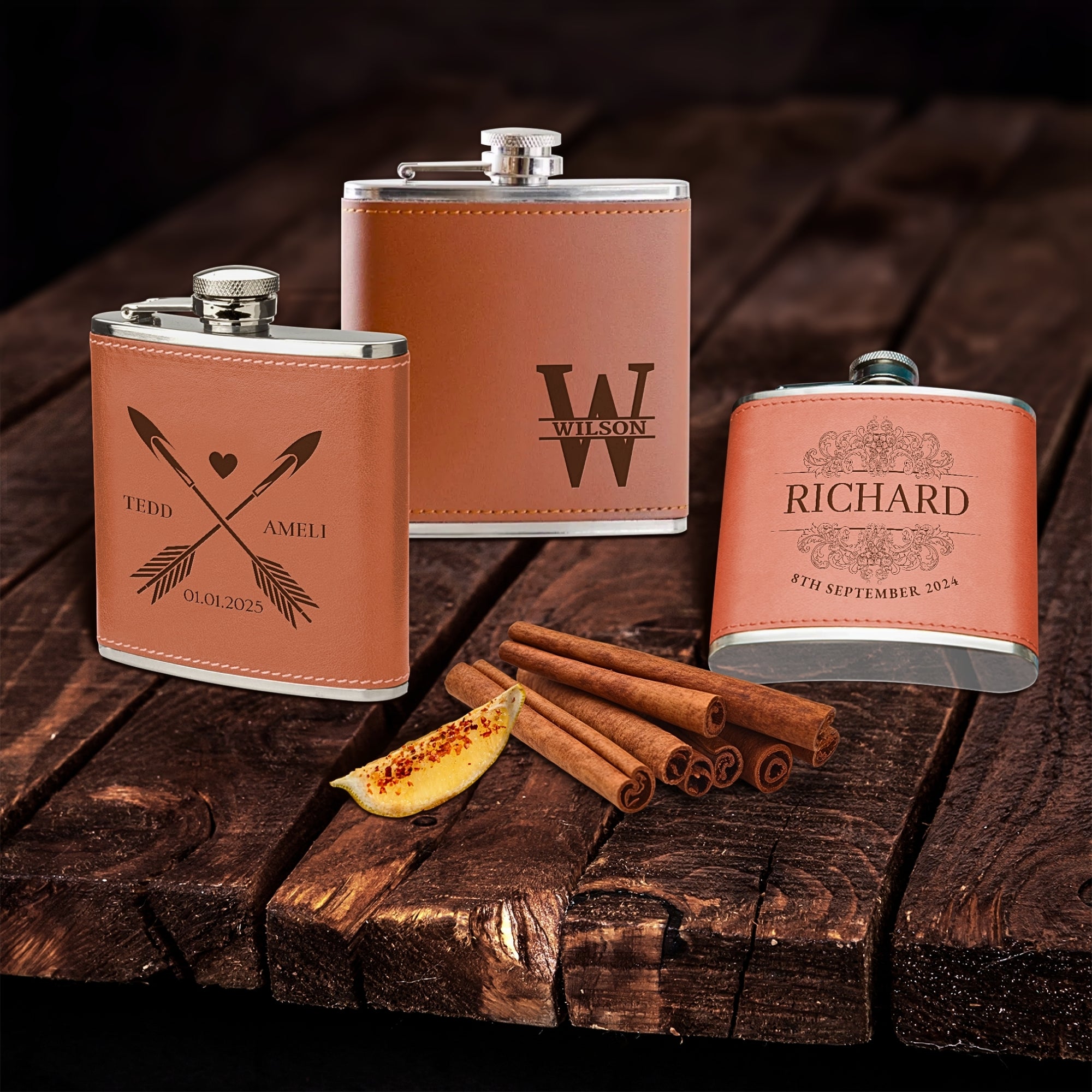 Personalised Tan Leatherette Stainless Steel 7oz Hip Flask, Funnel, Shot Glasses Set Custom Engraved Logo Groomsman, Dad, Corporate Gift Box