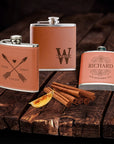 Personalised Tan Leatherette Stainless Steel 7oz Hip Flask, Funnel, Shot Glasses Set Custom Engraved Logo Groomsman, Dad, Corporate Gift Box