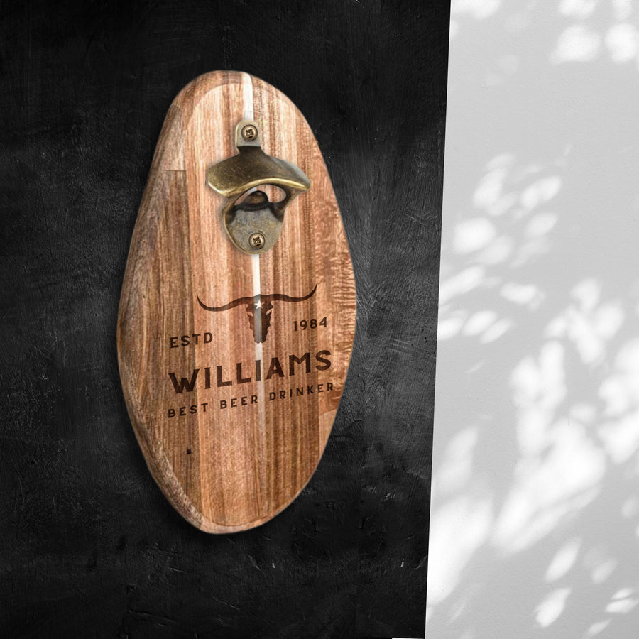 Personalised Acacia Wooden Wall Mounted Beer Cap Bottle Opener,  Custom Engraved Name/ Logo Father's Day, Christmas, Groomsmen Gift